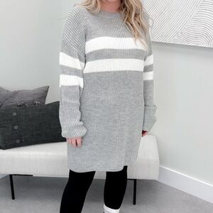 Cozy Grey & White Stripe Knit Sweater Dress